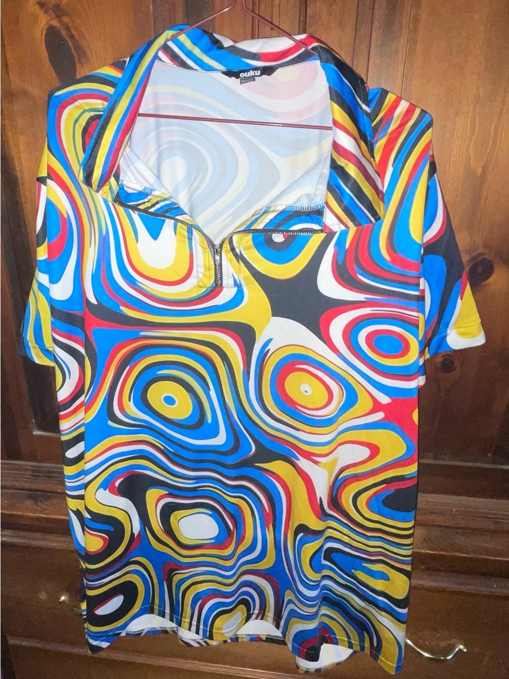 Ouku Multicolor Abstract Print Zip Polo Shirt - Men's